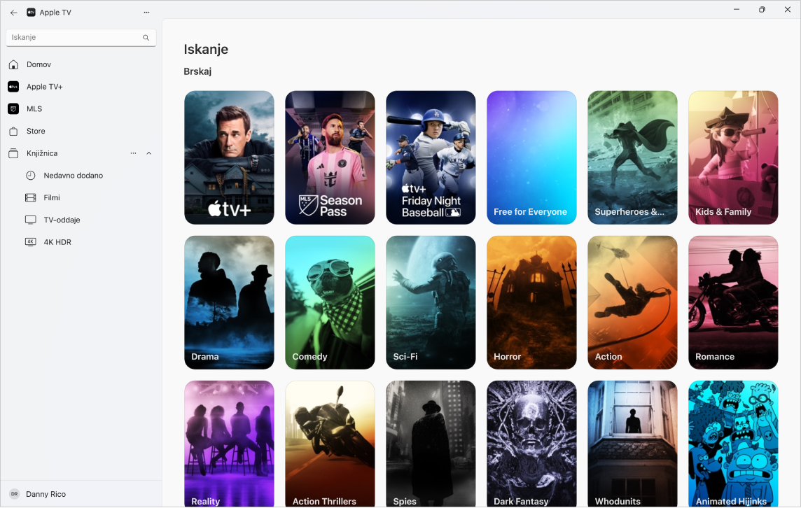 Aplikacija Apple TV z odprto stranjo Iskanje.