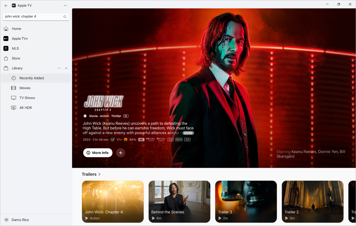 Apple TV App 正在顯示商店中一套電影的更多相關資料。