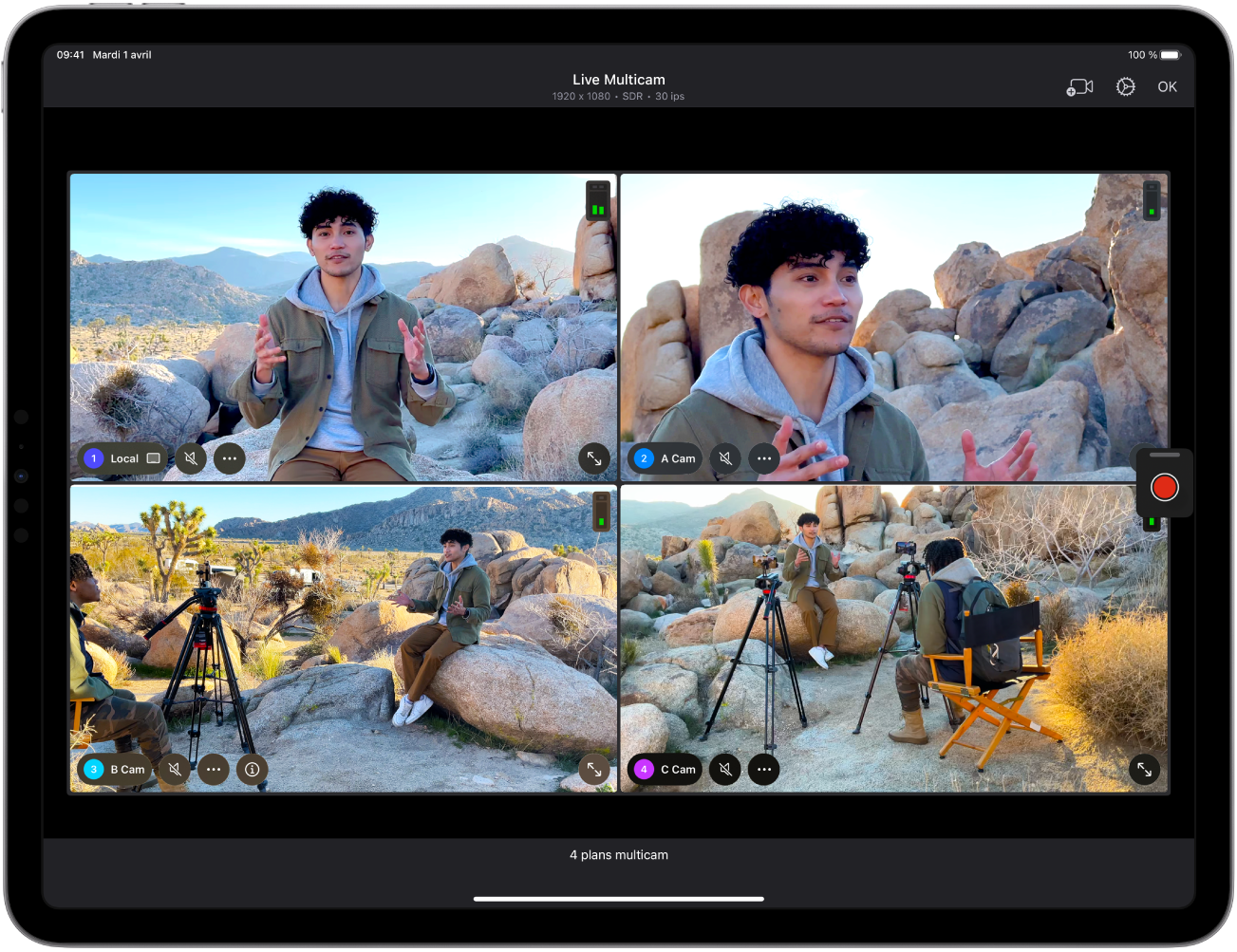 Session d’enregistrement Live Multicam dans Final Cut Pro pour iPad affichant quatre angles de caméra.