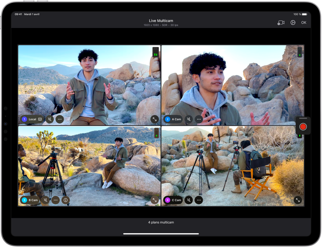 Session d’enregistrement Live Multicam dans Final Cut Pro pour iPad affichant quatre angles de caméra.