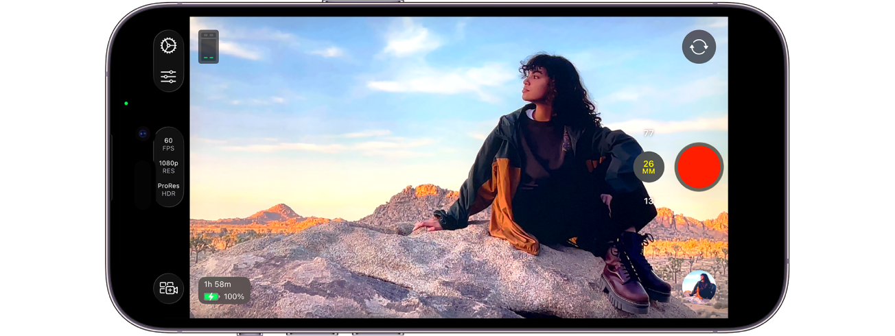 Final Cut Camera 屏幕，显示摄像机控制和“录制”按钮。