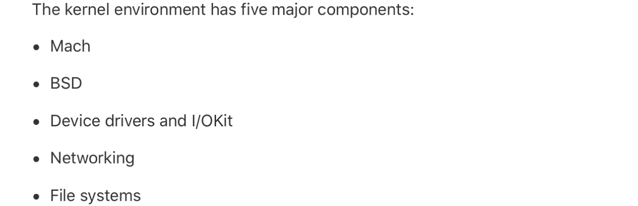An example of a simple list. The introductory text reads “The kernel environment has five major components:” The items in the list read “Mach,” “BSD,” “Device drivers and I/OKit,” “Networking,” and “File systems.”