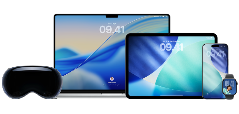 Apple Vision Pro, Apple TV, MacBook Pro, iPad Pro, iPhone og Apple Watch.