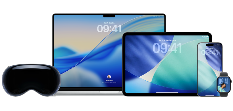 Um Apple Vision Pro, um MacBook Pro, um iPad Pro, um iPhone e um Apple Watch.