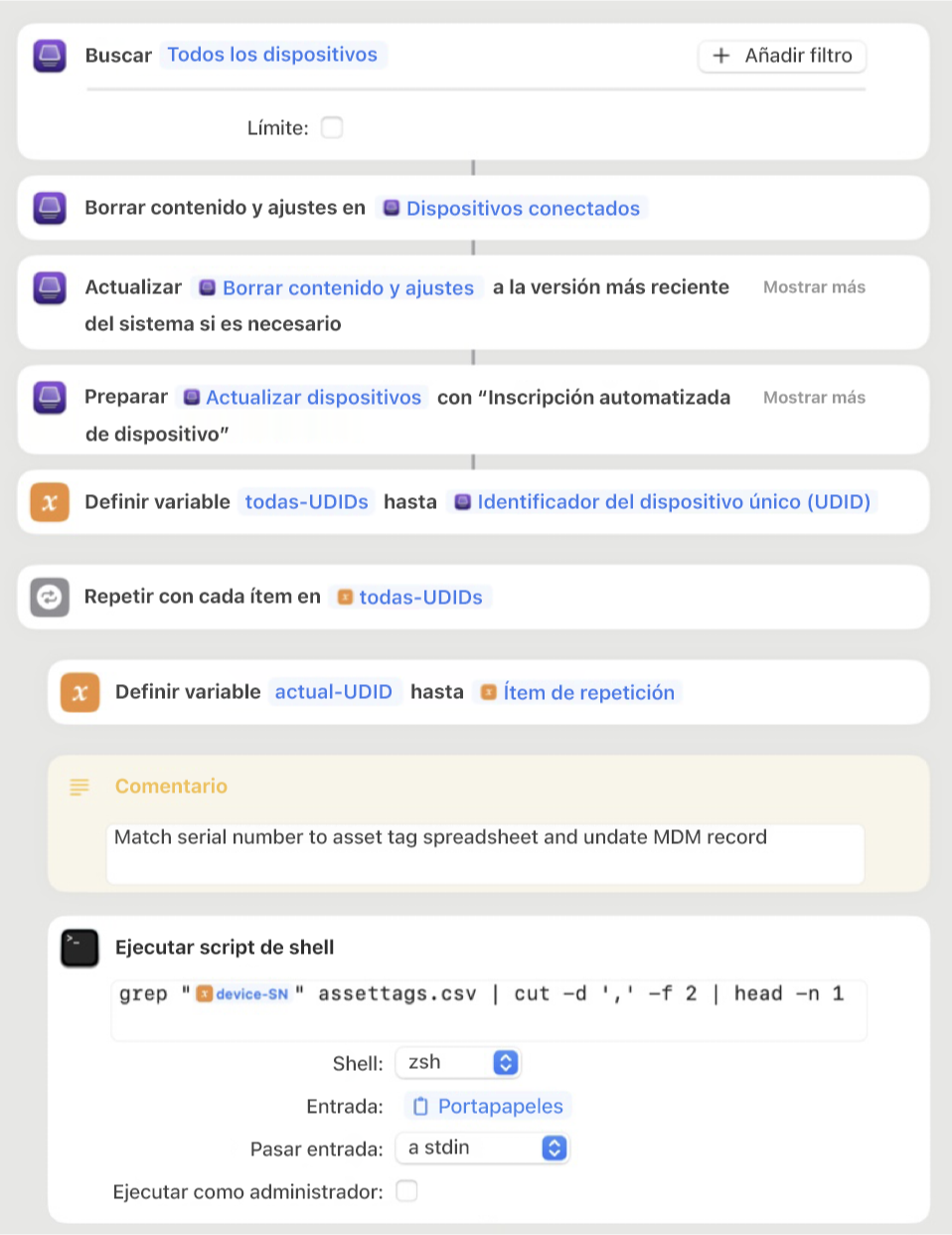 Un ejemplo de un atajo de Apple Configurator, que muestra distintas acciones, como variables y scripts de shell.