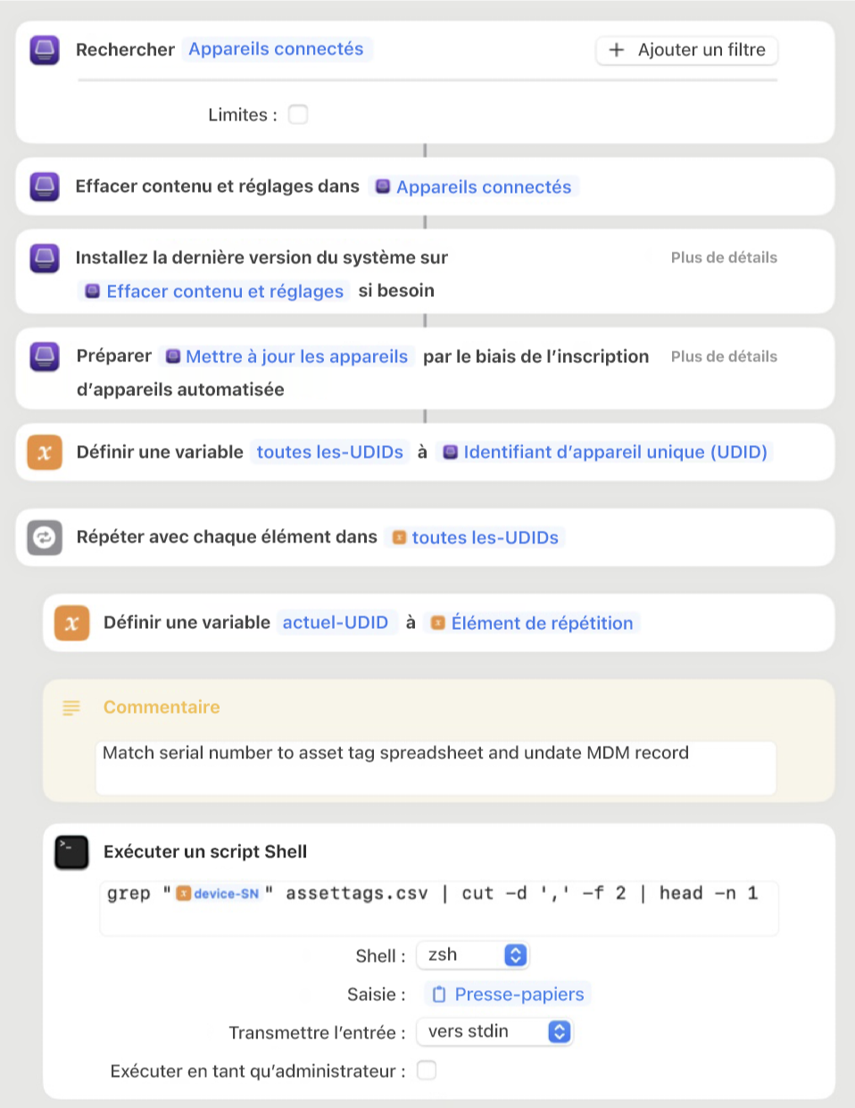 Exemple d’un raccourci Apple Configurator montrant différentes actions, notamment des variables et des scripts shell.