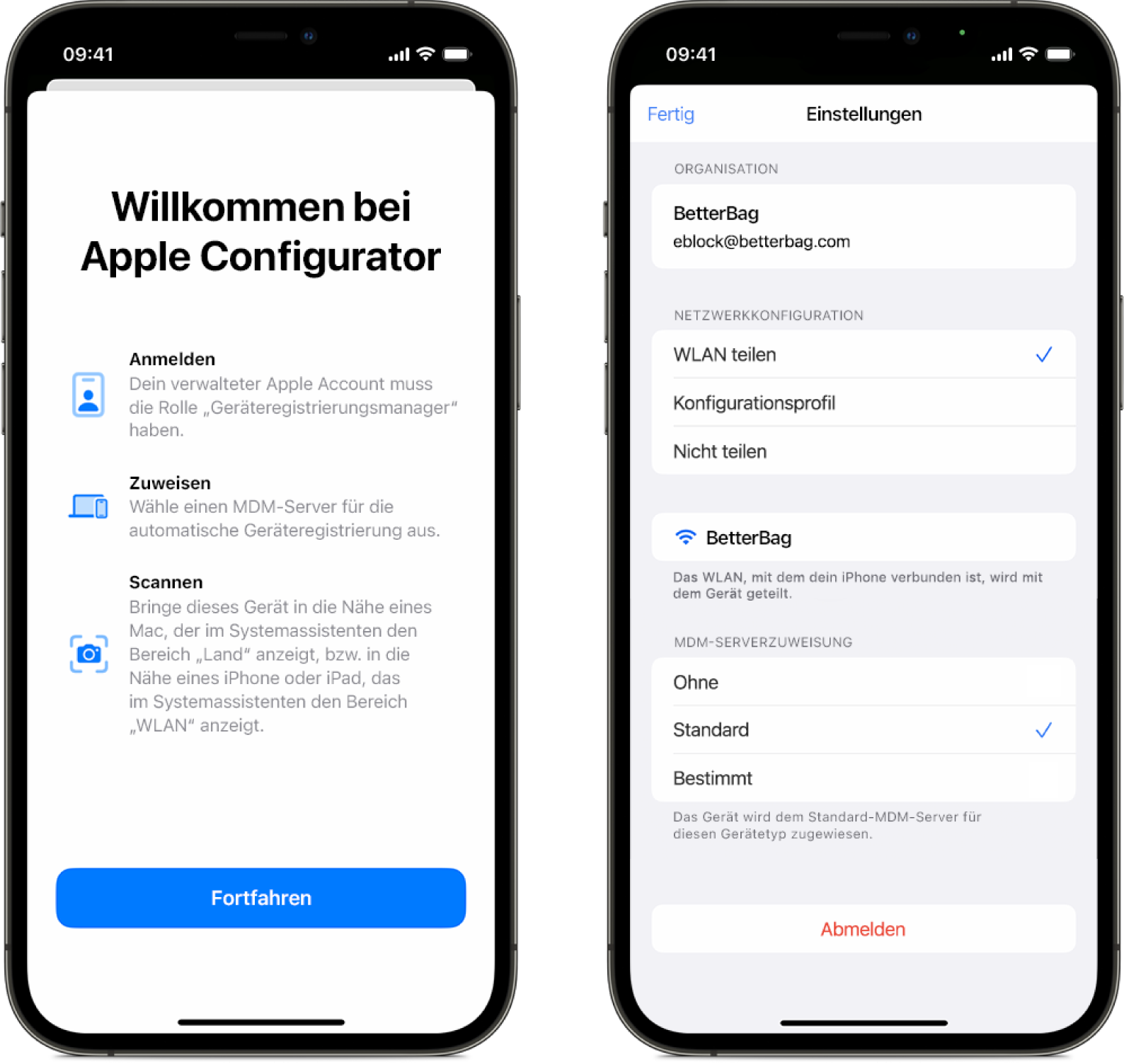 Zwei iPhone-Screenshots, die Apple Configurator für das iPhone anzeigen. Der erste zeigt das Begrüßungsfenster und der zweite zeigt den Einstellungsbildschirm mit dem standardmäßigen Geräteverwaltungsdienst, der als automatische Zuweisung für Geräte ausgewählt ist.