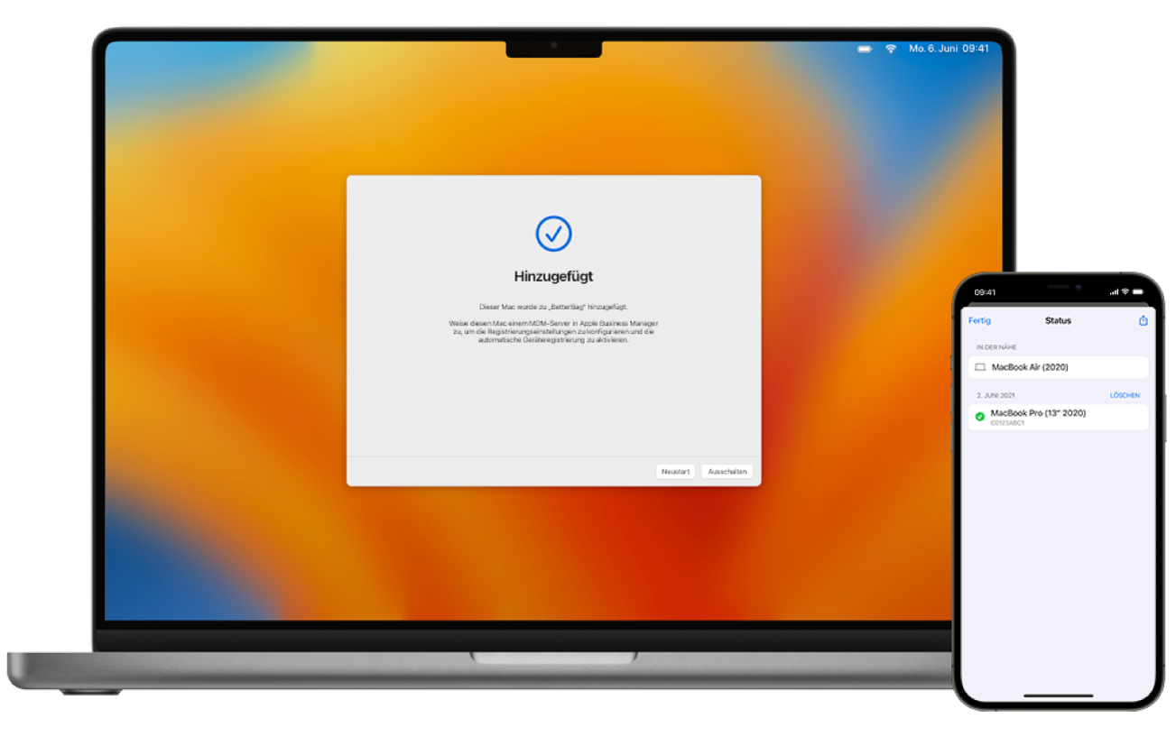 Eine Abbildung eines Mac-Laptops mit dem Systemassistenten, der die erfolgreiche Zuweisung anzeigt, und eine Abbildung eines iPhone, das den Apple Configurator mit der Zuweisung anzeigt.