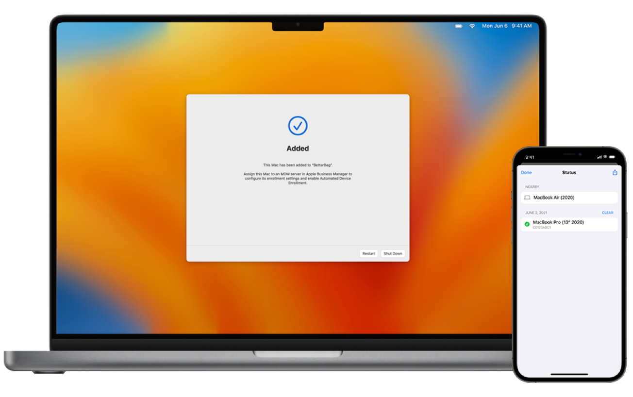 An image of a Mac laptop with Setup Assistant showing its successful assignment, and an image of an iPhone showing Apple Configurator with the assignment.