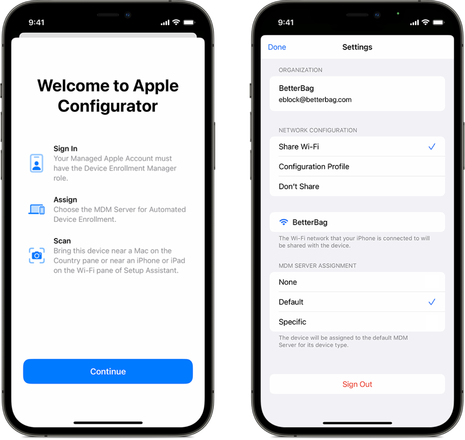 Two iPhone screenshots showing Apple Configurator for iPhone. The first shows the Welcome screen, and the second shows the Settings screen with the Default device management service selected as the automatic assignment for devices.