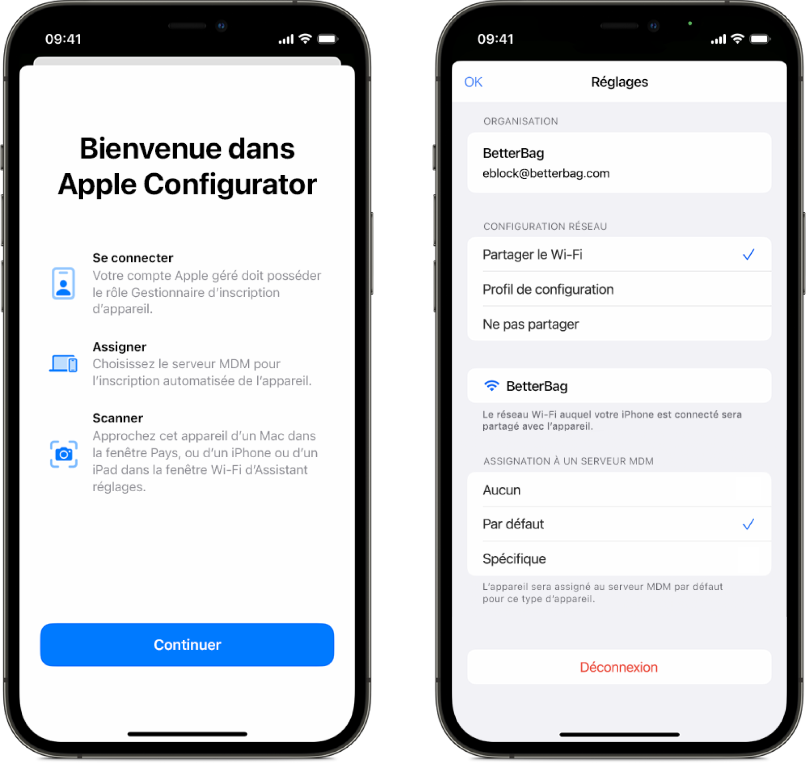 Deux captures d’écran d’iPhone présentant Apple Configurator pour l’iPhone. La première affiche l’écran de bienvenue et la deuxième montre l’écran Réglages avec le service de gestion des appareils par défaut sélectionné comme attribution automatique des appareils.