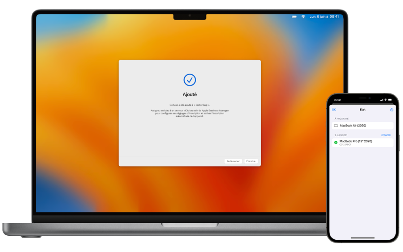 Image d’un ordinateur portable Mac avec Assistant réglages indiquant qu’il a bien été attribué, et image d’un iPhone montrant Apple Configurator avec l’attribution.