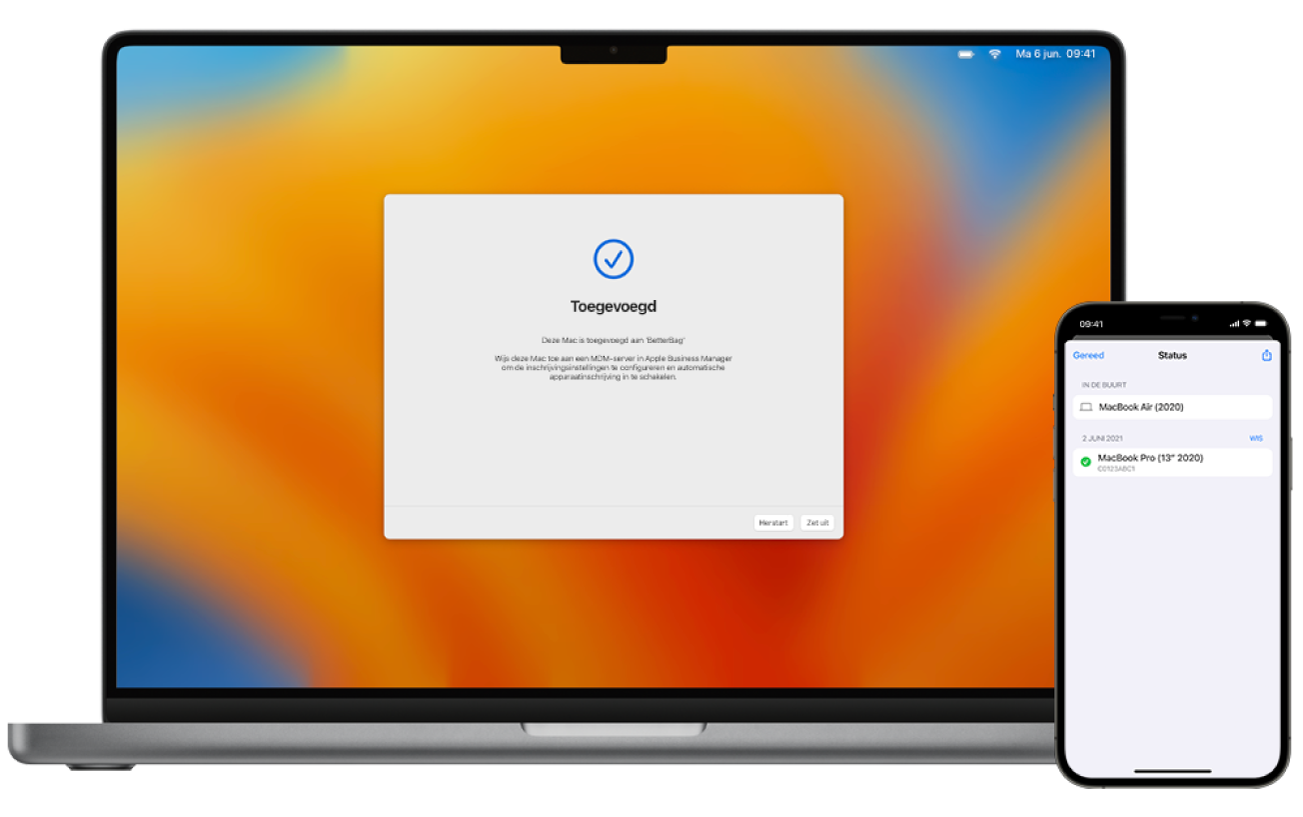 Een afbeelding van een Mac-laptop waarop in de configuratie-assistent wordt weergegeven dat de toewijzing is geslaagd, en een afbeelding van een iPhone met de toewijzing in Apple Configurator.