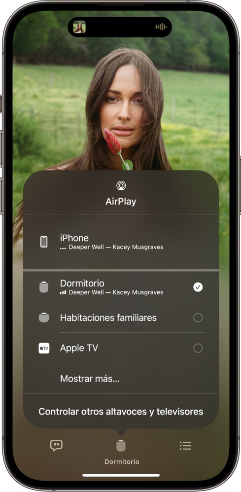 Pantalla del iPhone con una canción en reproducción y una lista de dispositivos HomePod y Apple TV. El HomePod Oficina está seleccionado.