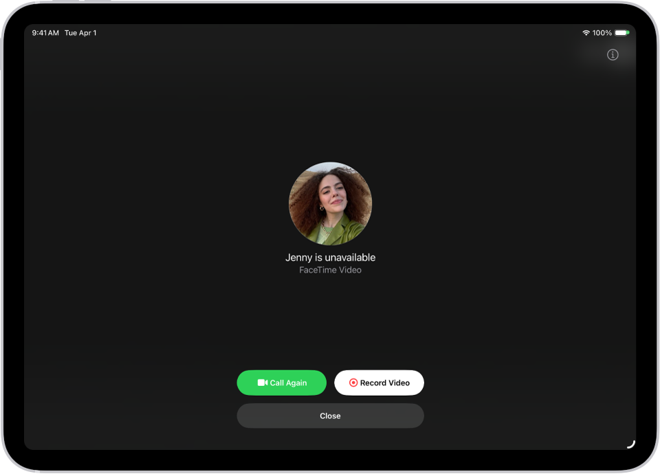 شاشة تسجيل الفيديو، تُظهر أن الشخص الذي تتصل به غير متاح. تتضمن الشاشة زر الاتصال مرة أخرى وزر تسجيل الفيديو الذي يمكنك الضغط عليه لتسجيل رسالة فيديو.