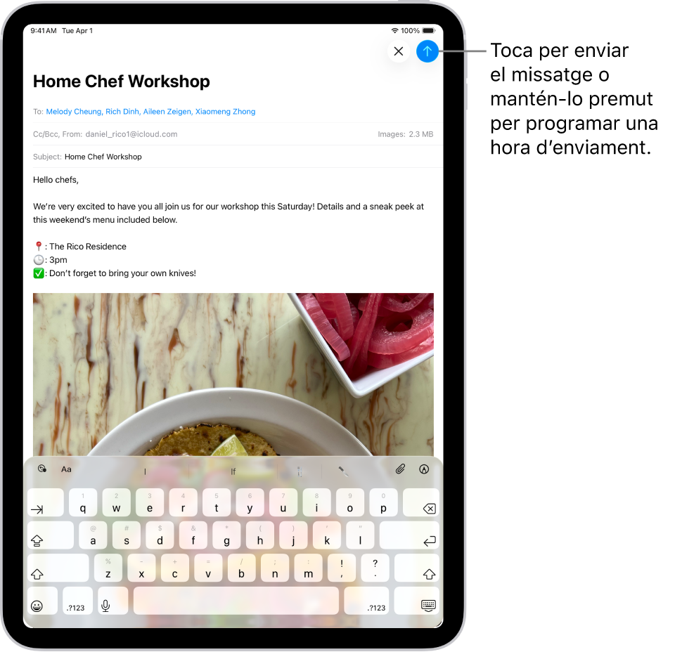 A l’app Mail es veu l’esborrany d’un correu electrònic. El botó per enviar el missatge és a l’angle superior dret. Toca per enviar el missatge o mantén premut per programar una hora d’enviament.