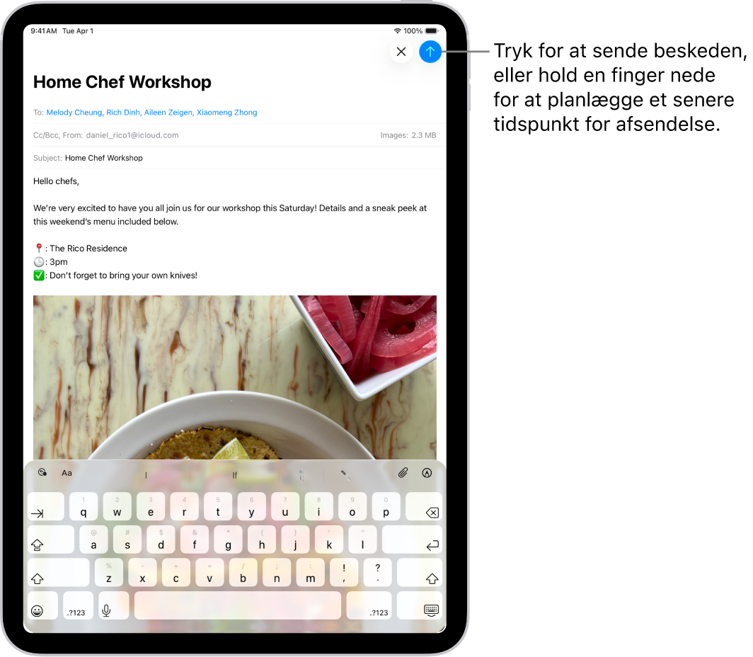Et udkast til en e-mail er åbent i appen Mail. Knappen til at sende beskeden findes i øverste højre hjørne. Tryk for at sende beskeden, eller hold en finger på knappen for at planlægge, hvornår beskeden skal sendes.