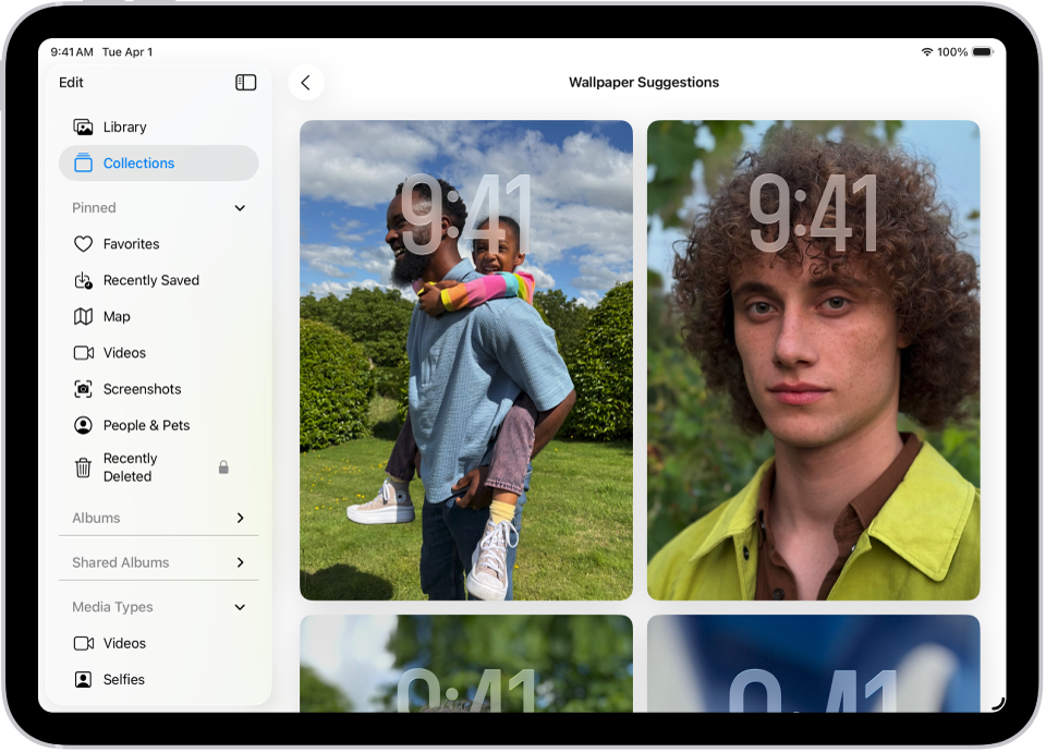 „Hintergrund-Vorschläge“ ist in der App „Fotos“ geöffnet. Als Vorschlägen werden automatisch erstellte Kombinationen von Fotos, Filtereffekten und Zifferblätterschriften angezeigt.