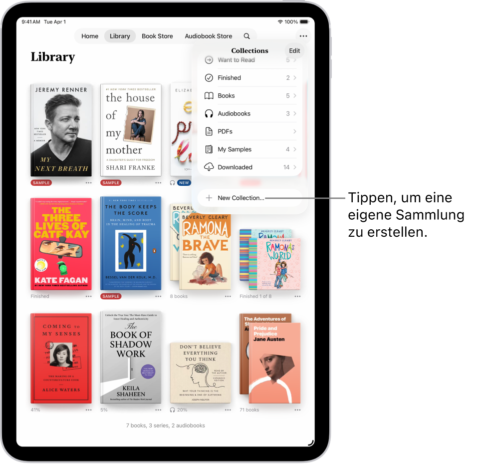 Der Bildschirm „Bibliothek“ in der App „Bücher“. Oben auf dem Bildschirm ist das Menü „Sammlungen“ geöffnet und zeigt Optionen, wie z. B. „Hörbücher“ und „PDFs“.
