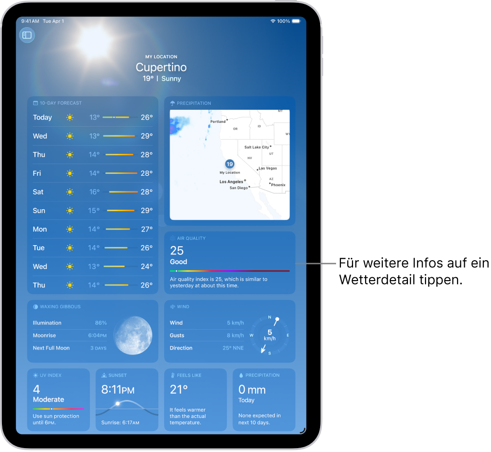 Der Bildschirm „Wetter“ mit dem Standort oben sowie der aktuellen Temperatur und Wetterlage darunter. Im restlichen Bereich der Anzeige befinden sich Wetterdetails, wie der UV-Index, Wind und der Niederschlag.
