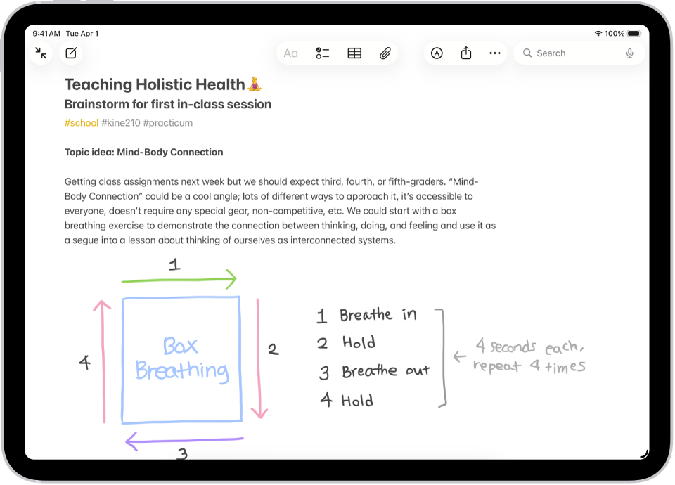 Eine Notiz für eine Brainstorming-Session im Unterricht mit Tags wie #schule und #kine210. Auf der Notiz befindet sich ein mit der Hand gezeichnetes Diagramm von einer Boxatemübung, welche den Atemzyklus in vier Schritten erklärt.