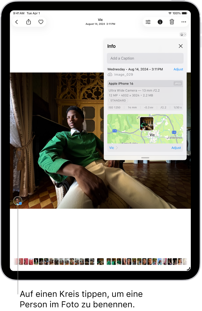 In der App „Fotos“ ist ein Foto geöffnet. Die Metadateninformationen werden über dem Bild angezeigt, einschließlich (von oben nach unten) Aufnahmedatum und -uhrzeit, Dateiname, verwendetes iPhone-Modell, Kameraeinstellungen und eine Karte des Ortes, an dem das Foto aufgenommen wurde.
