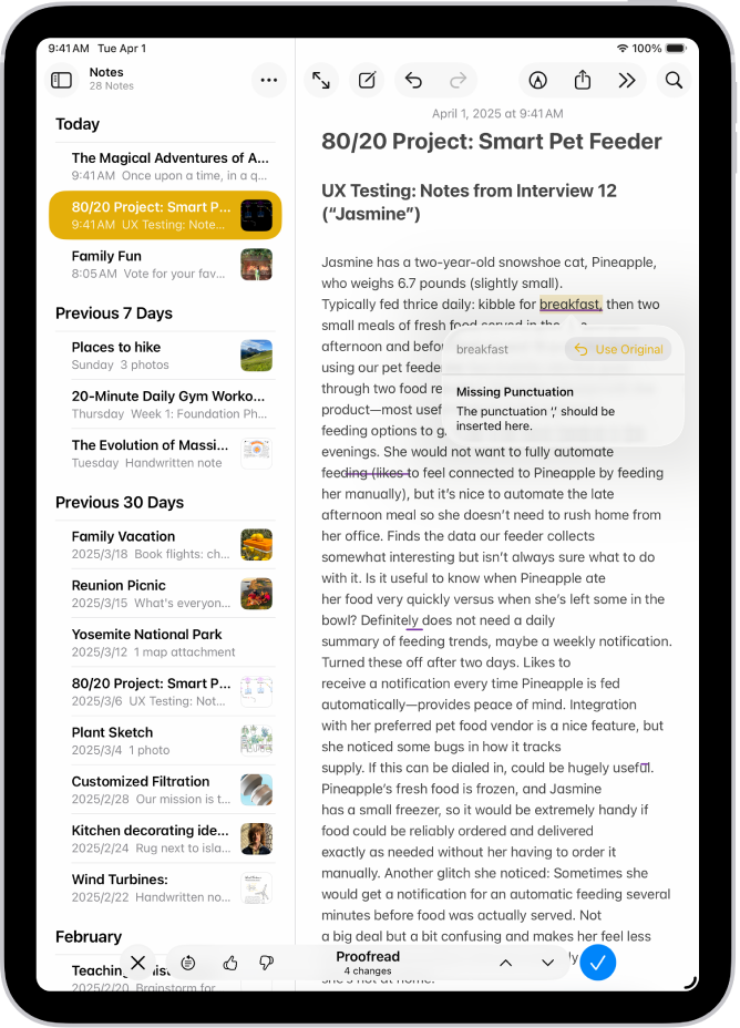 An iPad showing text being edited for grammatical errors in the Notes app.