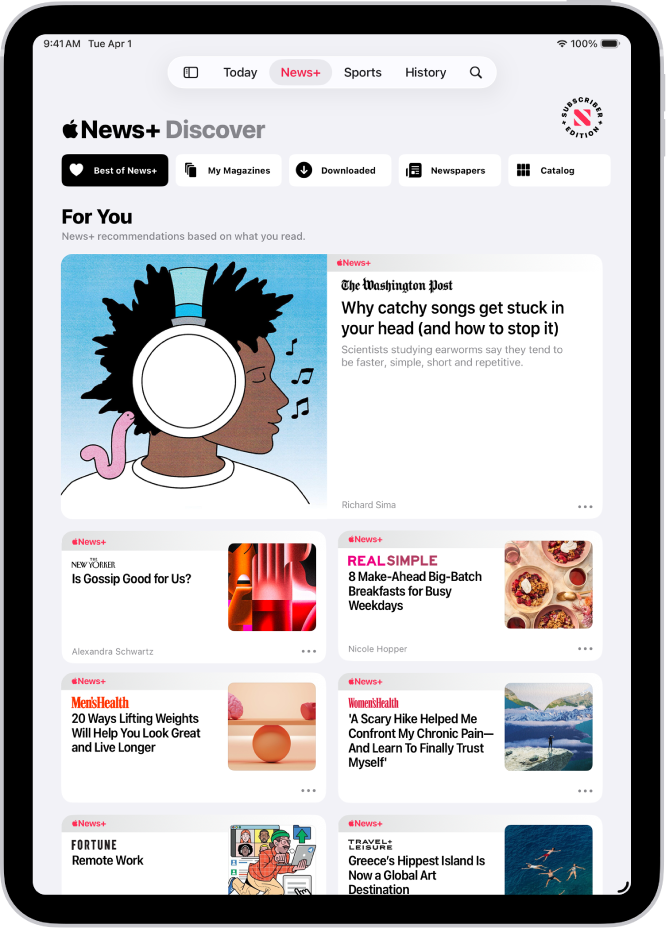 The Discover page in Apple News+. In the tab bar, News+ is selected, and below that, the Best of News+ category is selected.