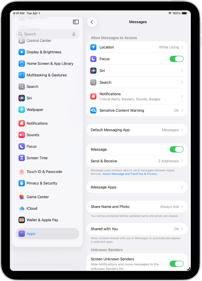 The Messages settings pane with iMessage turned on.