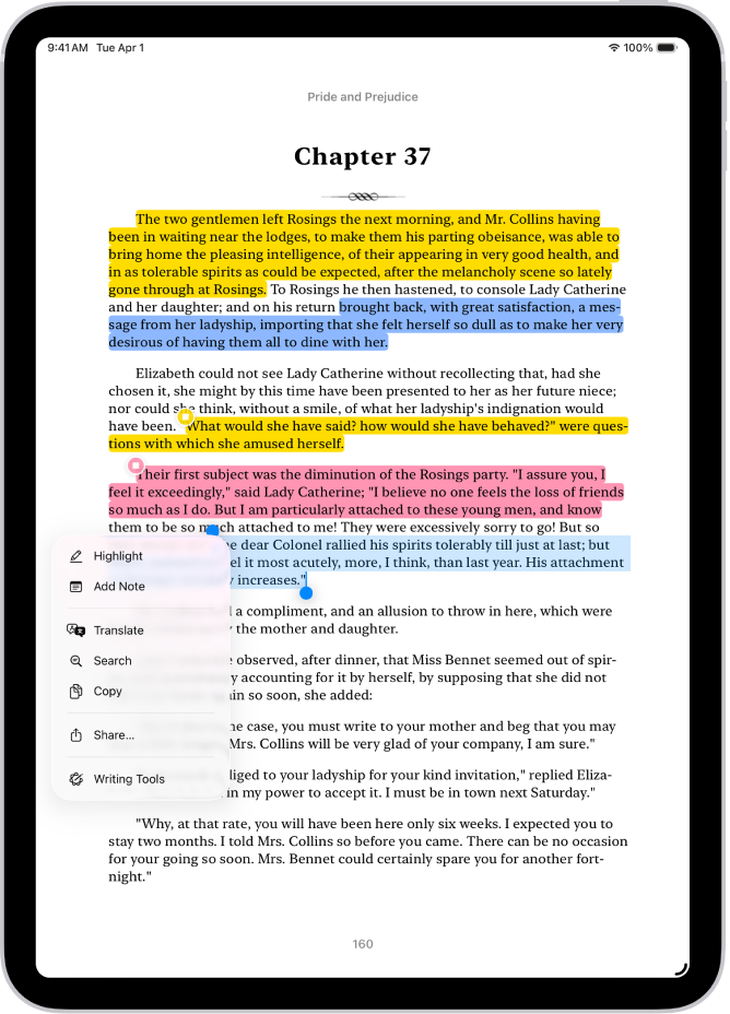 A page of a book in the Books app, with a portion of the page’s text selected. The Highlight, Add Note, Translate, Search, Copy, and Share buttons are above the selected text.