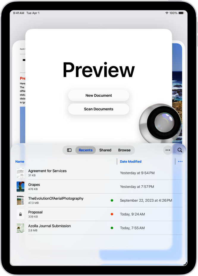 The main screen of the Preview app. The New Document and Scan Documents buttons are in the middle of the screen. Toward the bottom of the screen are the Recents, Shared, and Browse tabs.