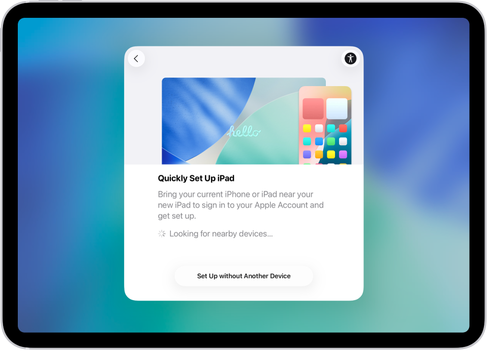 The set up screen that appears after you first turn on your iPad.