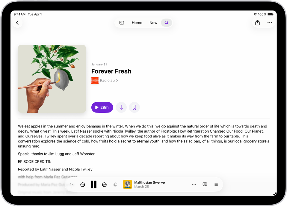 An episode page in the Podcasts app showing episode details with artwork and a Play button in the center of the screen, and the MiniPlayer with playback controls and options at the bottom.