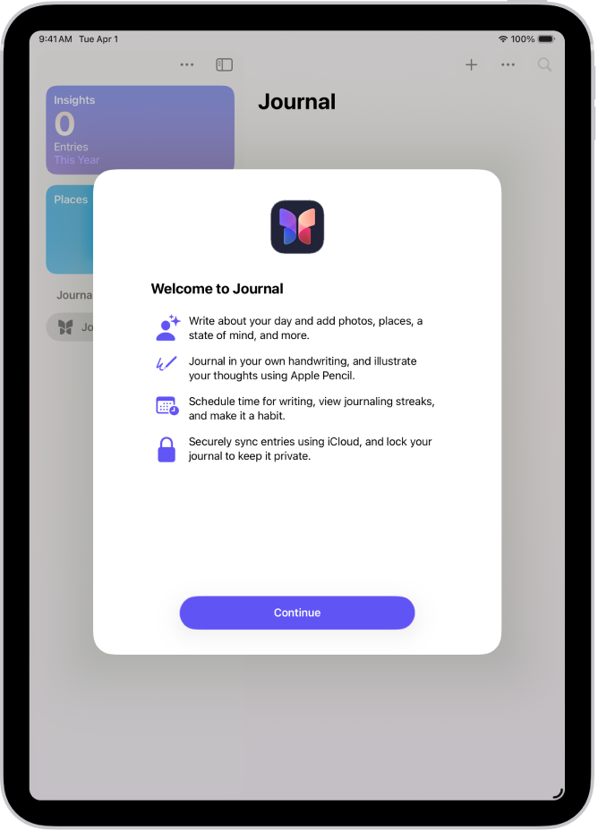 The welcome screen for the Journal app.