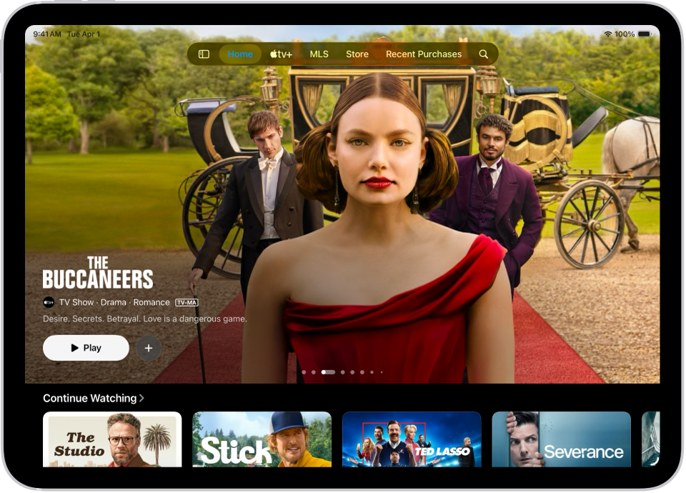 The Home tab showing a featured Apple Original in the center, above the Continue Watching row. At the top of the screen, from left to right, are the Home, Apple TV+, MLS, Store, Recent Purchases, and Search tabs.