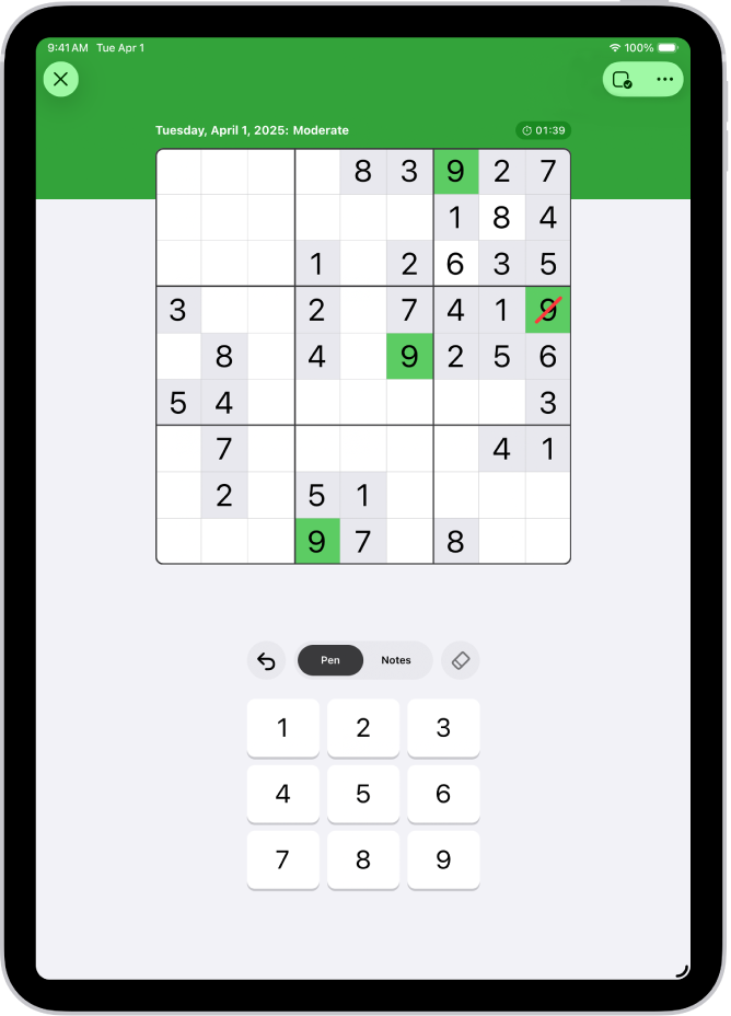 A Sudoku puzzle in the News app.