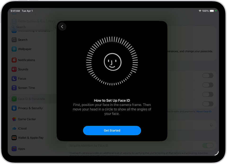 The Face ID recognition setup screen. A smiley face is showing on the screen, enclosed in a circle. Text below instructs the user to move their head slowly to complete the circle. A button for Get Started appears near the bottom of the screen.