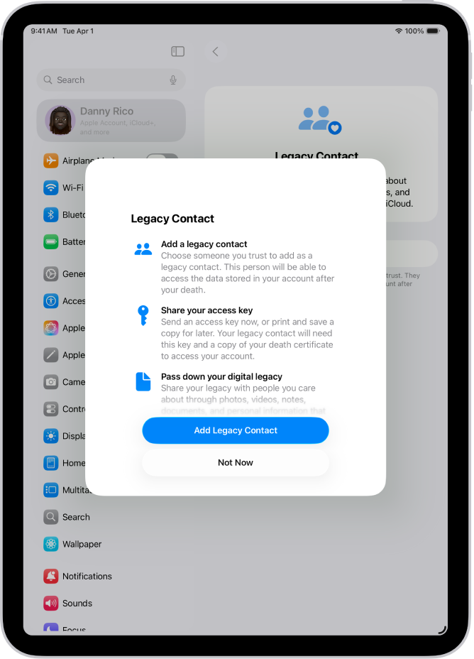 The Legacy Contact screen with information about the feature. The Add Legacy Contact button is at the bottom.