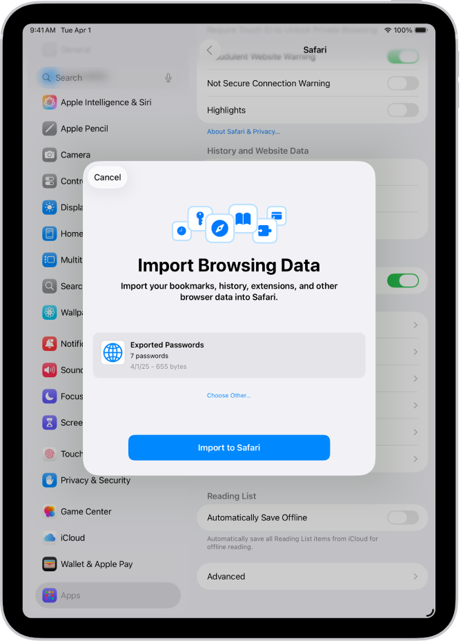 The Import Browsing Data screen, showing the CSV file of passwords from another password manager to be imported.