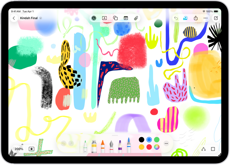 Drawings and handwritten text on a Freeform board. The drawing tools appear along the bottom.