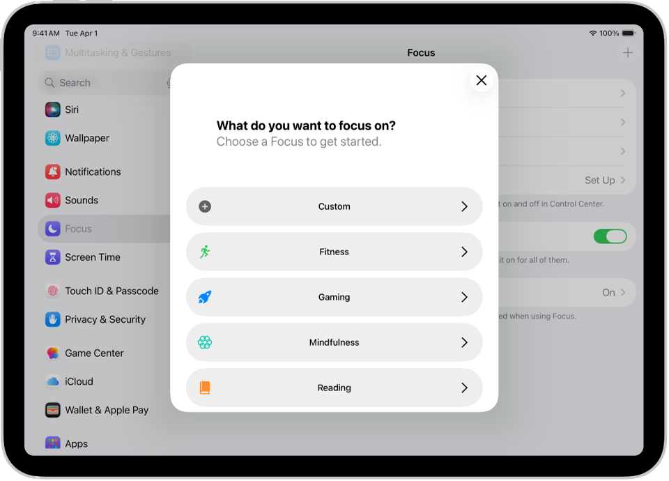 A Focus setup screen for the additional provided Focus options, including Custom, Fitness, Gaming, Mindfulness, and Reading.