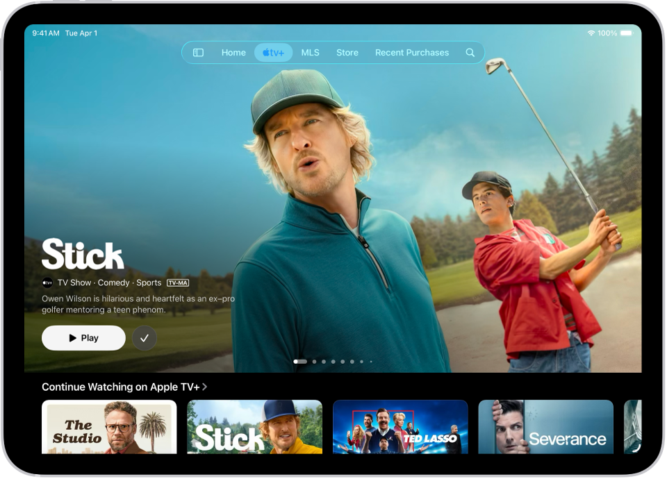 The Apple TV+ tab showing a featured Apple Original in the center, above the Continue Watching row. At the top of the screen, from left to right, are the Home, Apple TV+, MLS, Store, Recent Purchases, and Search tabs.