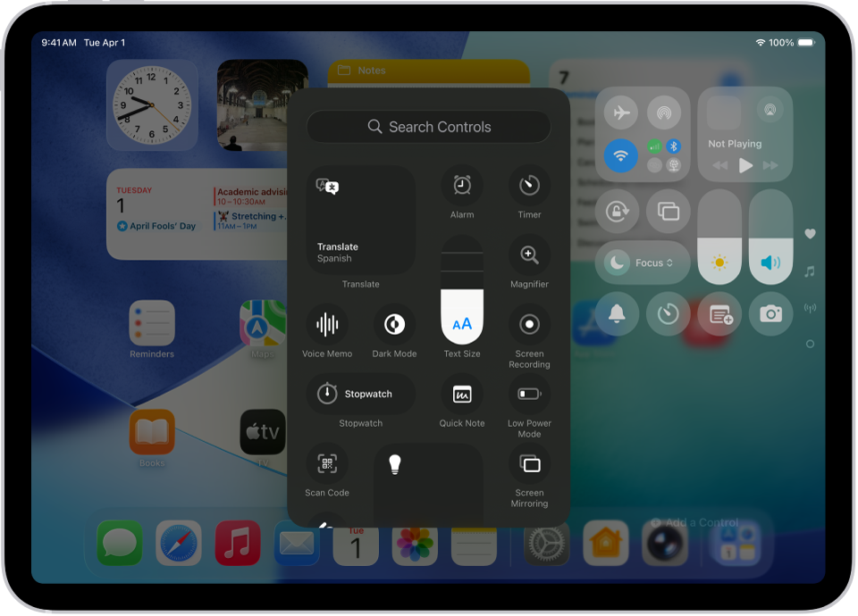 A screen showing controls you can add to Control Center, such as Text Size, Dark Mode, and Quick Note.