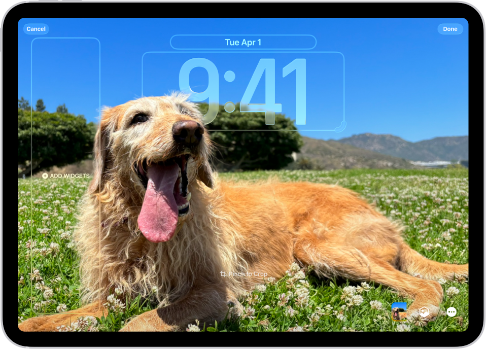 A custom Lock Screen in the process of being edited. Elements available for customization are selected—the date, the time, and a button for adding widgets.