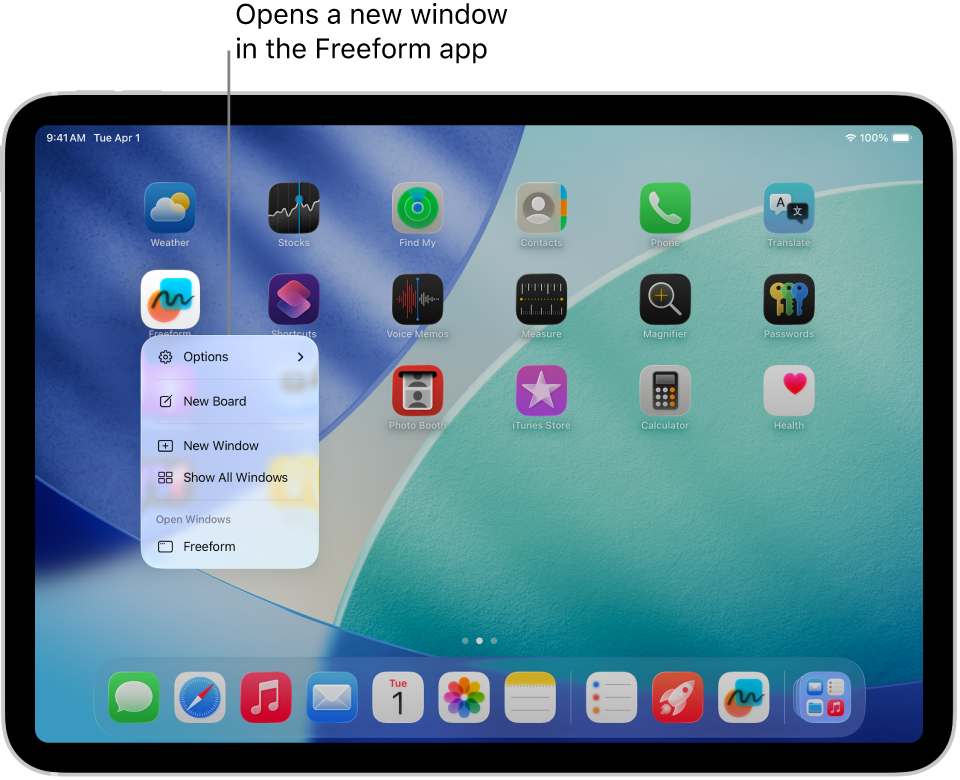 An iPad Home Screen with the Freeform app menu open, showing a list of actions you can perform—including open a new window in the app, create a new board, show all the open app windows, and so on.