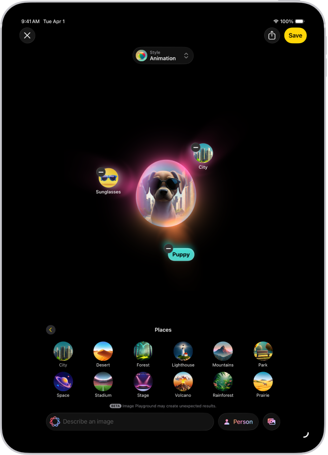 The Image Playground app window showing a created image of a dog wearing sunglasses.