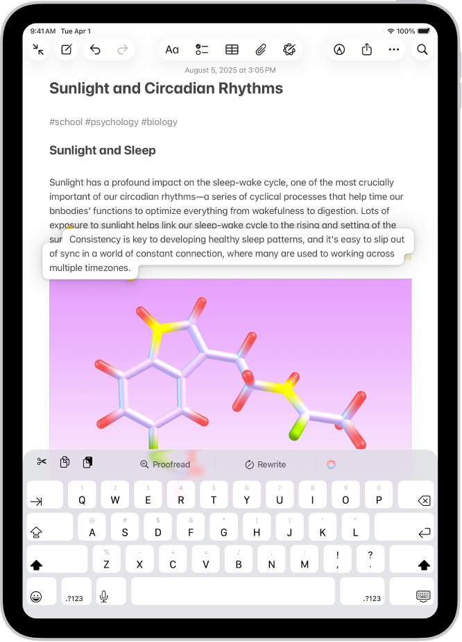 A document is open in the Notes app. Selected text is lifted within the document to be moved to a new location.