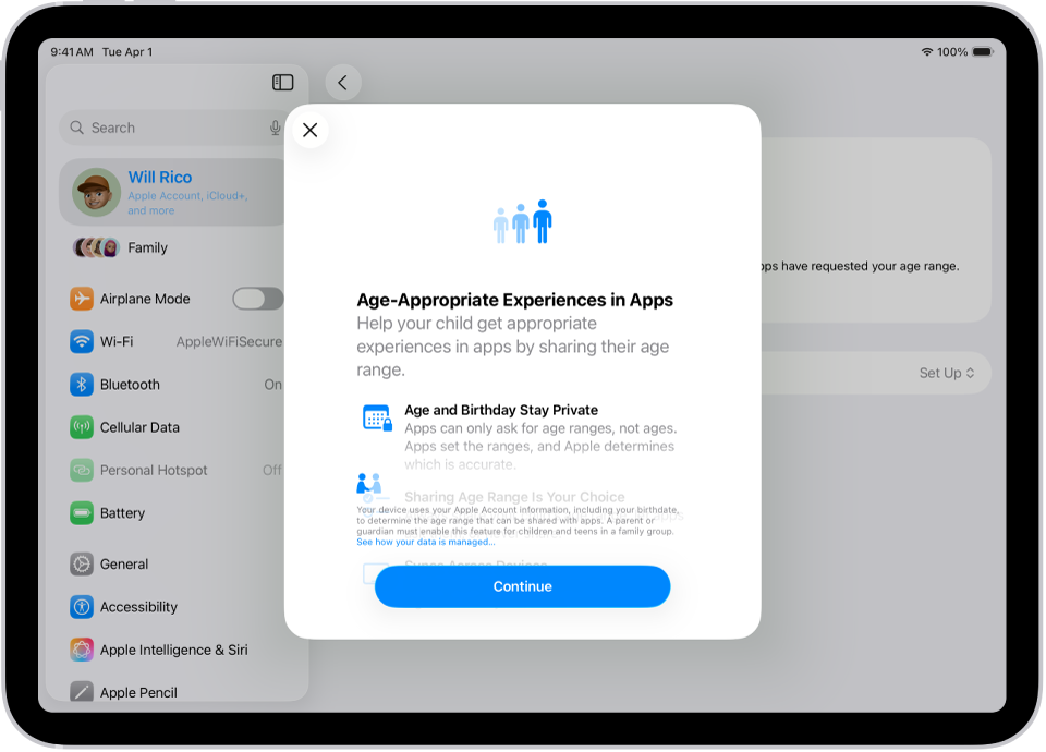 The iPad Settings screen displaying the Age-Appropriate Experiences in Apps setup, which explains how to help children get appropriate app experiences by sharing their age-range.