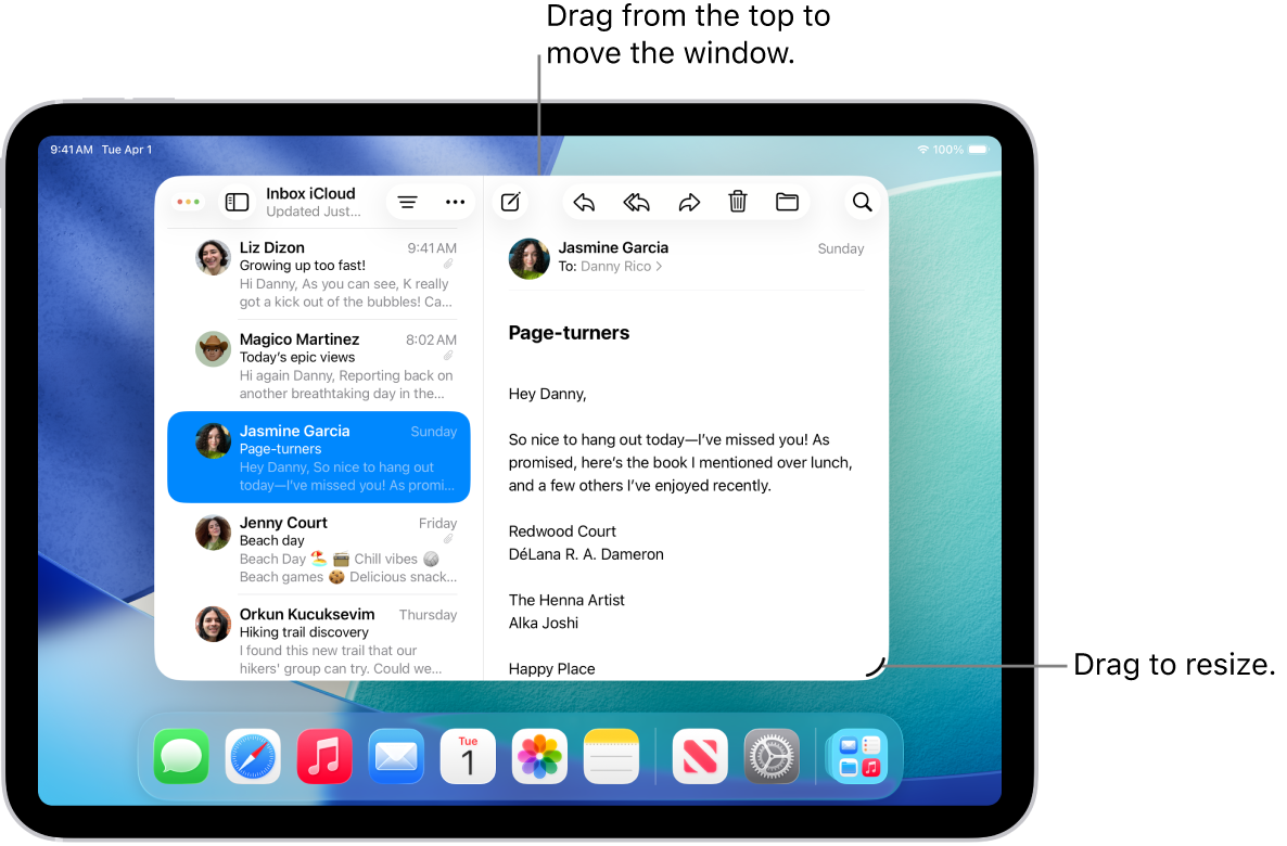 A Windowed app open on the iPad screen, with a resize handle in the lower-right corner and a multitasking menu in the upper-left corner