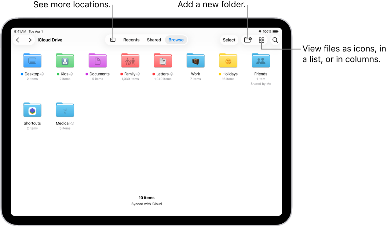 The Files app displaying multiple folders and locations named Downloads, Letters, Family, and so on. At the bottom of the screen are buttons for Recent files, Shared files, and the Browse tab.